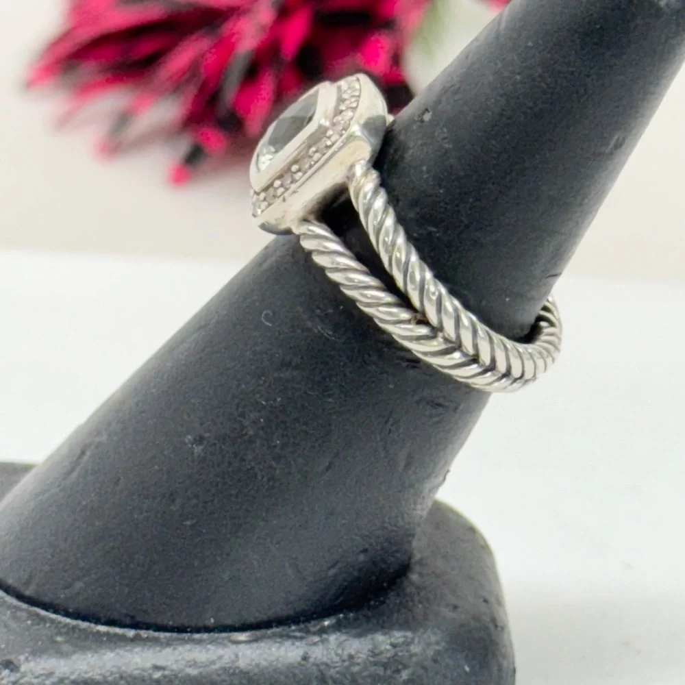 David Yurman Petite Albion Prasiolite Diamond Ring .925 Sterling Silver Sz 7